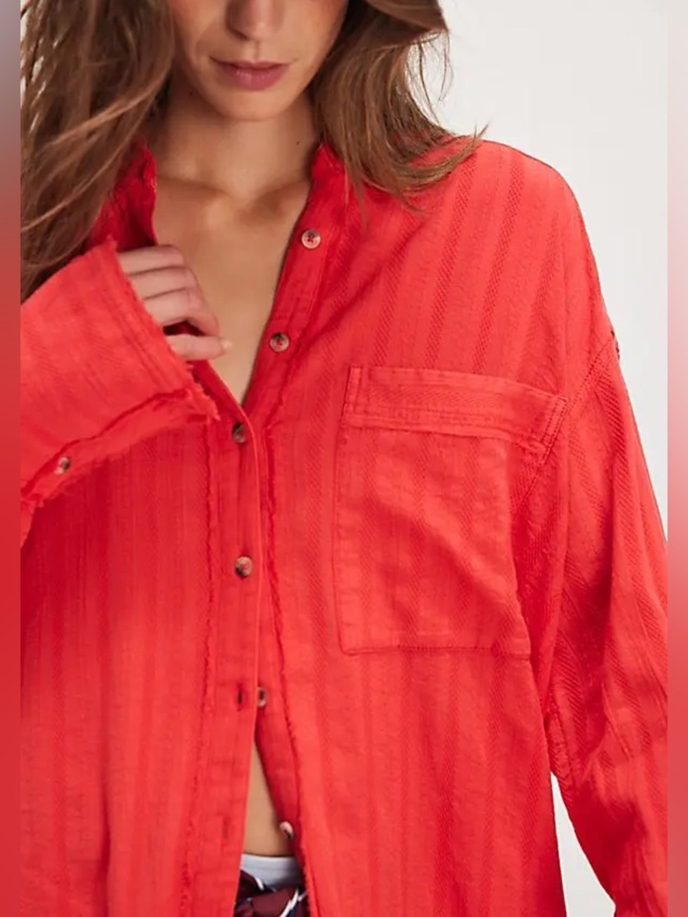 We The Free Summer Sorbet Shirt in Fiery Red - Oversized Cotton Dobby Small